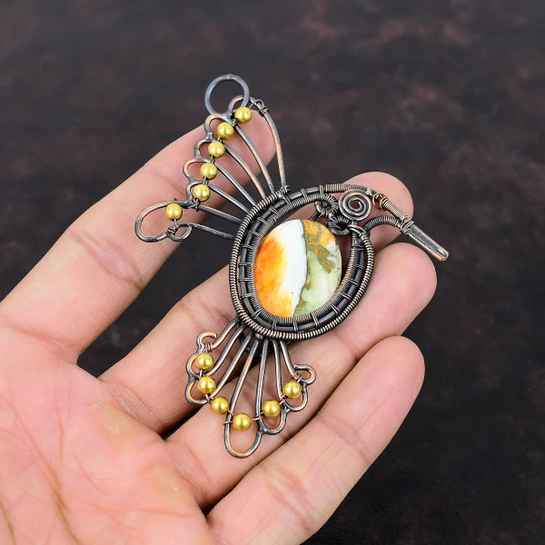 Spiny Oyster Copper Turquoise Oval Orange Handmade Copper Wire Wrapped Pendant
