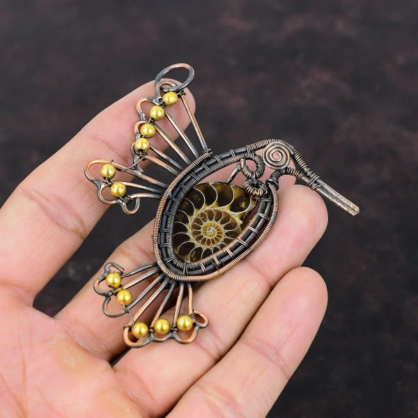 Ammonite Fossil Pear Brown Handmade Copper Wire Wrapped Pendant