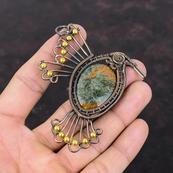 Spessartine Garnet in Limestone Oval Green Handmade Copper Wire Wrapped Pendant