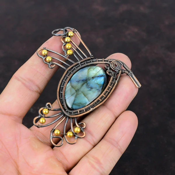 Labradorite Oval Gray Handmade Copper Wire Wrapped Pendant