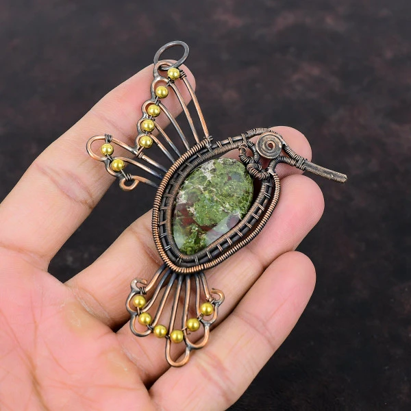 Dragon Bloodstone Oval Green Handmade Copper Wire Wrapped Pendant