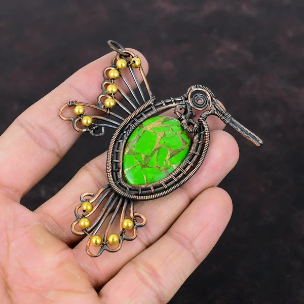 Copper Green Turquoise Oval Green Handmade Copper Wire Wrapped Pendant
