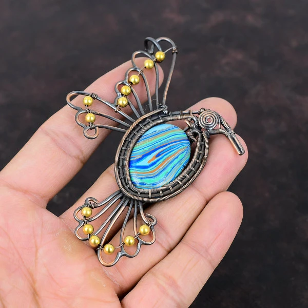 Rainbow Calsilica Oval Blue Handmade Copper Wire Wrapped Pendant