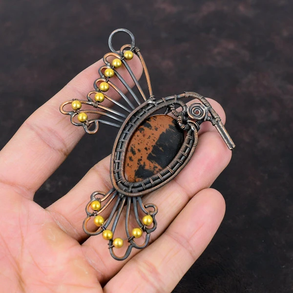 Mahogany Obsidian Oval Brown Handmade Copper Wire Wrapped Pendant