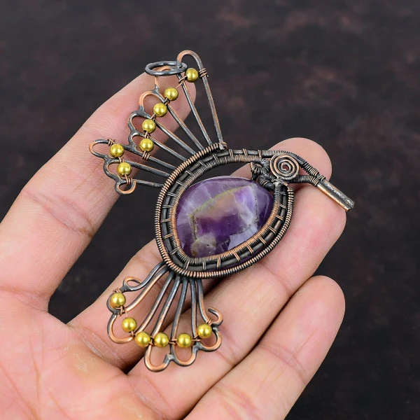 Star Amethyst Oval Purple Handmade Copper Wire Wrapped Pendant