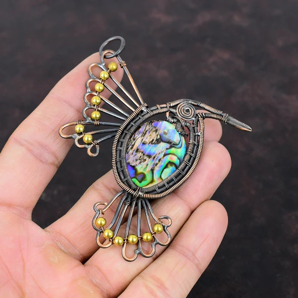 Abalone Shell Oval Green Handmade Copper Wire Wrapped Pendant