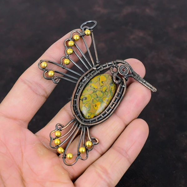 Fruit Jasper Oval Yellow Handmade Copper Wire Wrapped Pendant