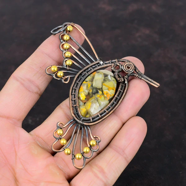 Copper Bumble Bee Jasper Oval Yellow Handmade Copper Wire Wrapped Pendant