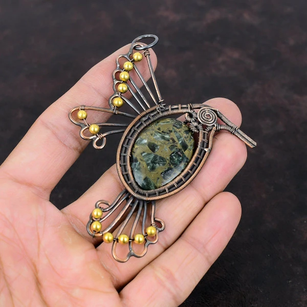 Copper Seraphinite Oval Green Handmade Copper Wire Wrapped Pendant
