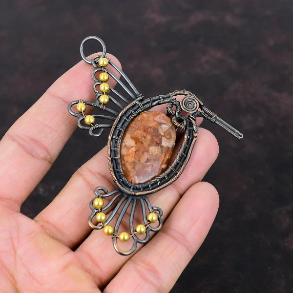 Sunstone Oval Orange Handmade Copper Wire Wrapped Pendant