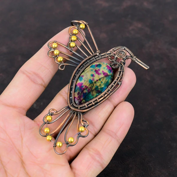 Multi Fire Labradorite Oval Pink Handmade Copper Wire Wrapped Pendant