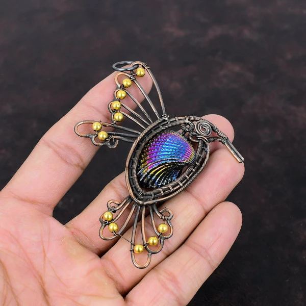 Titanium Coated Shell Pear Blue Handmade Copper Wire Wrapped Pendant