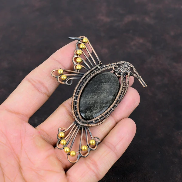 Silver Sheen Obsidian Oval Black Handmade Copper Wire Wrapped Pendant