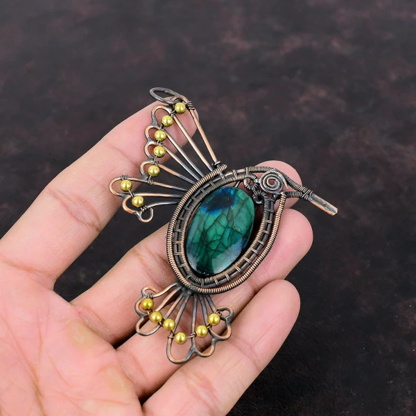 Neon Flash Labradorite Oval Green Handmade Copper Wire Wrapped Pendant