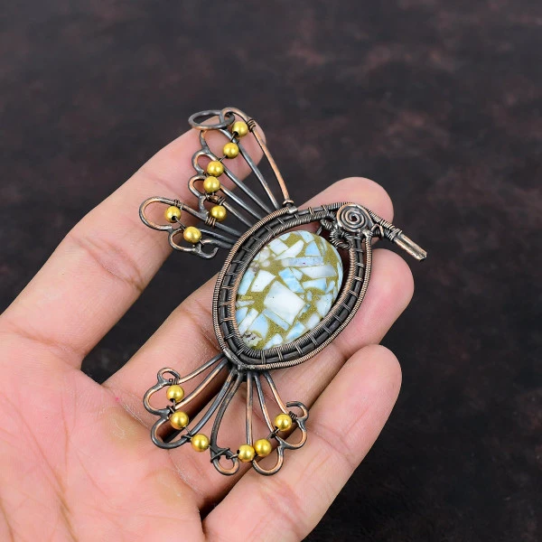 Copper Larimar Oval Blue Handmade Copper Wire Wrapped Pendant