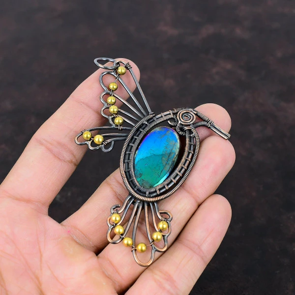 Mystic Fire Labradorite Oval Green Handmade Copper Wire Wrapped Pendant