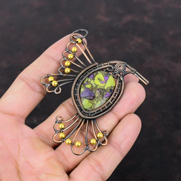 Copper Stichtite Oval Green Handmade Copper Wire Wrapped Pendant