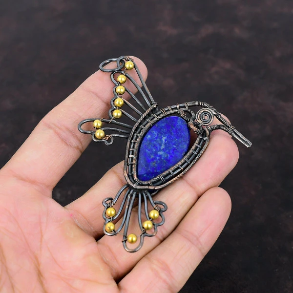 Lapis Lazuli Oval Blue Handmade Copper Wire Wrapped Pendant