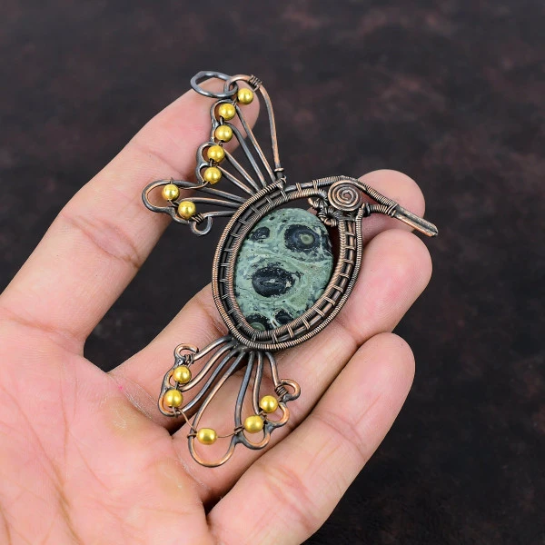 Kambaba Jasper Oval Green Handmade Copper Wire Wrapped Pendant