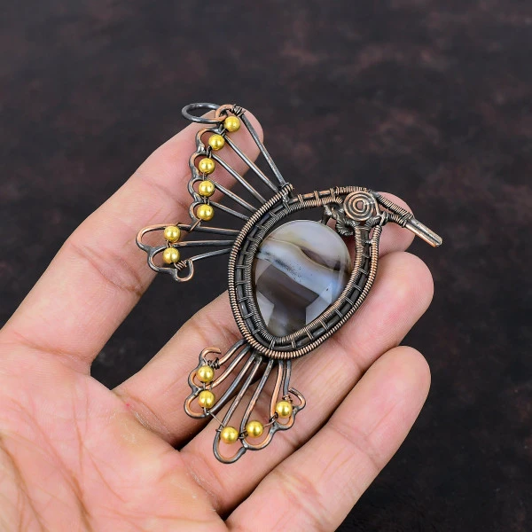 Montana Agate Oval Brown Handmade Copper Wire Wrapped Pendant