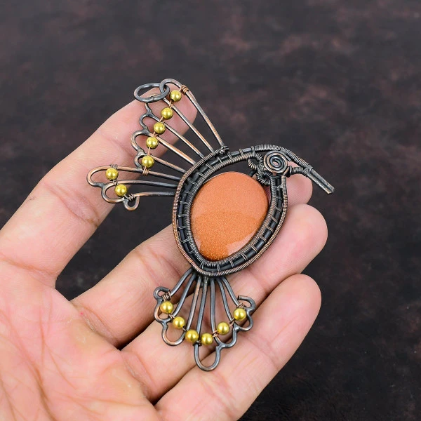 Sun Sitara Oval Orange Handmade Copper Wire Wrapped Pendant