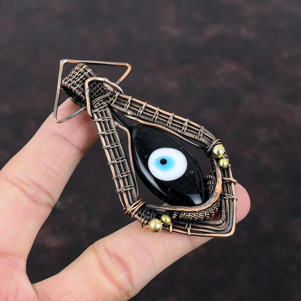 Black Color Evil Eye Marquise Black Handmade Copper Wire Wrapped Pendant