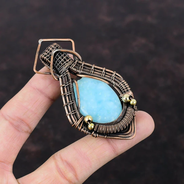 Hemimorphite Oval Blue Handmade Copper Wire Wrapped Pendant