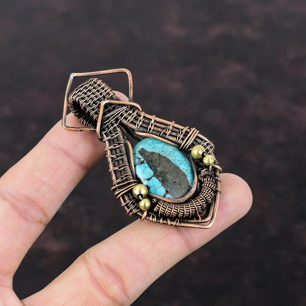 Tibetan Turquoise Oval Blue Handmade Copper Wire Wrapped Pendant