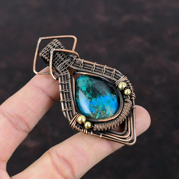 Chrysocolla Oval Blue Handmade Copper Wire Wrapped Pendant
