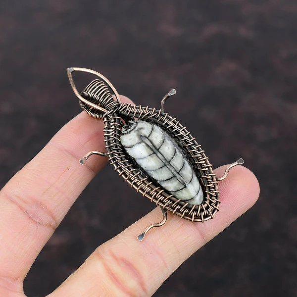 Orthoceras Fossil Pear Black Handmade Copper Wire Wrapped Pendant