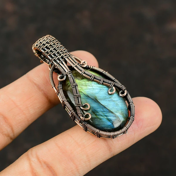 Labradorite Oval Green Handmade Copper Wire Wrapped Pendant