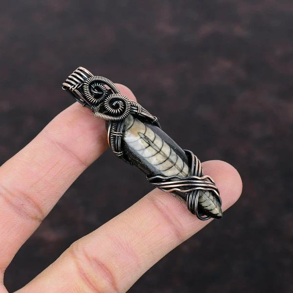 Orthoceras Fossil Pear Black Handmade Copper Wire Wrapped Pendant
