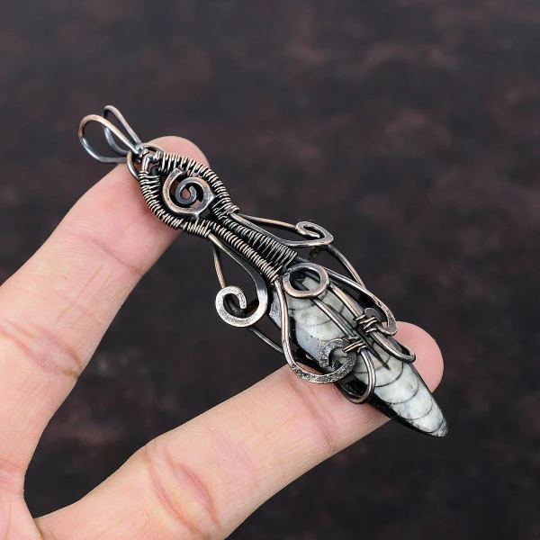 Orthoceras Fossil Pear Black Handmade Copper Wire Wrapped Pendant