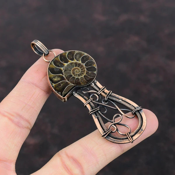 Ammonite Fossil Pear Brown Handmade Copper Wire Wrapped Pendant