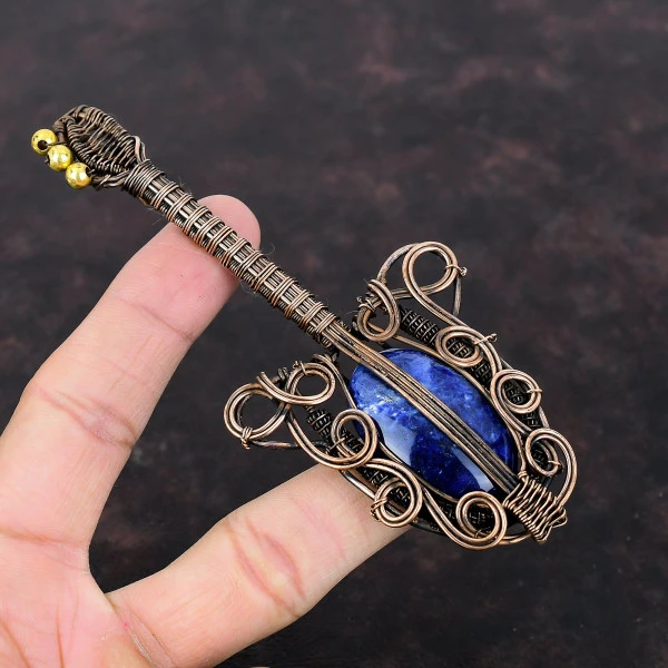 Sodalite Oval Blue Handmade Copper Wire Wrapped Pendant