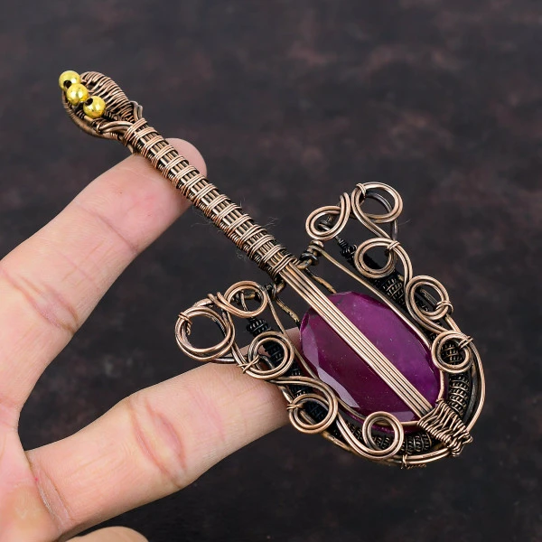 Kashmir Ruby Oval Red Handmade Copper Wire Wrapped Pendant