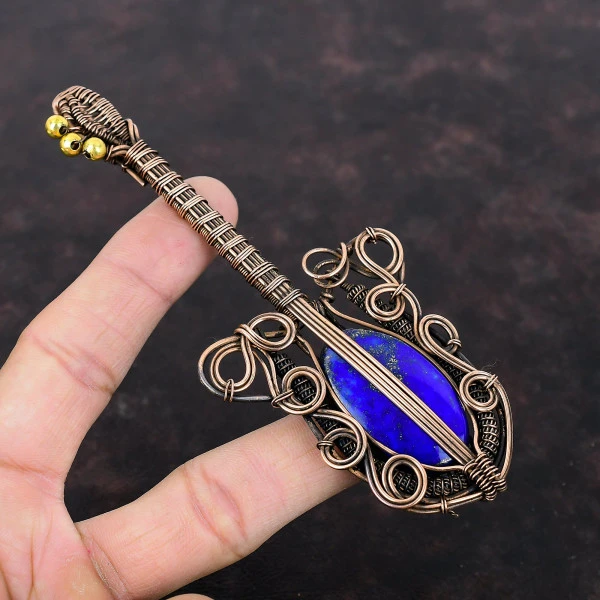 Lapis Lazuli Oval Blue Handmade Copper Wire Wrapped Pendant