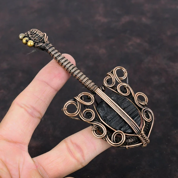 Black Tourmaline Rough Oval Black Handmade Copper Wire Wrapped Pendant
