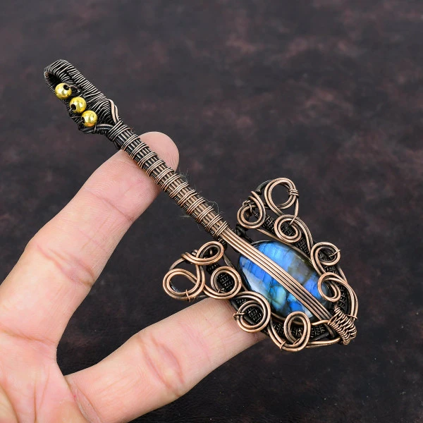 Labradorite Oval Gray Handmade Copper Wire Wrapped Pendant
