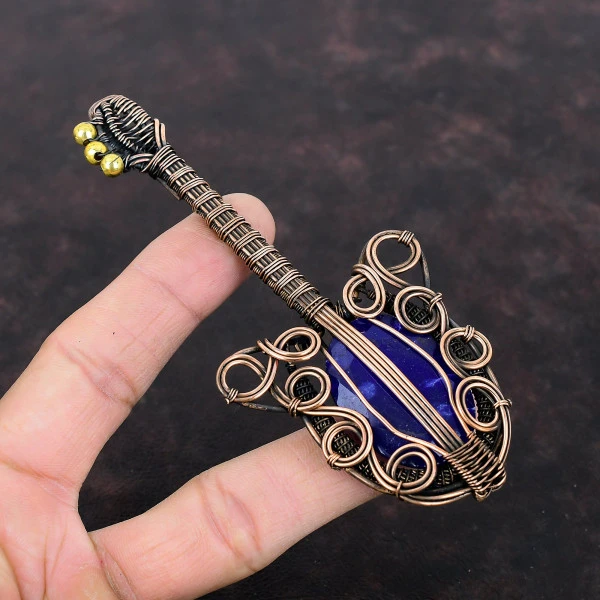 Blue Sapphire Oval Blue Handmade Copper Wire Wrapped Pendant