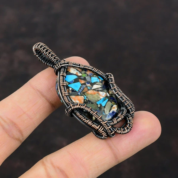 Copper Multi Turquoise Oval Blue Handmade Copper Wire Wrapped Pendant