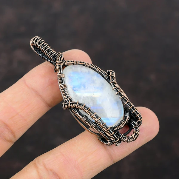 Rainbow Moonstone Oval White Handmade Copper Wire Wrapped Pendant