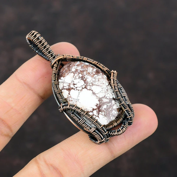 Wild Horse Magnesite Oval Brown Handmade Copper Wire Wrapped Pendant