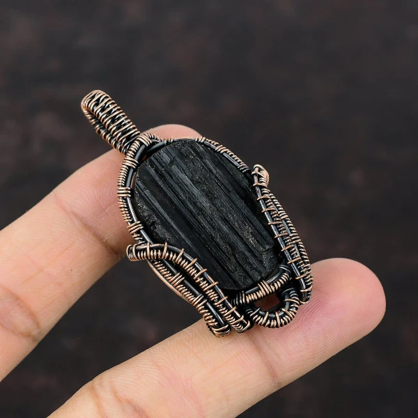 Black Tourmaline Rough Oval Black Handmade Copper Wire Wrapped Pendant