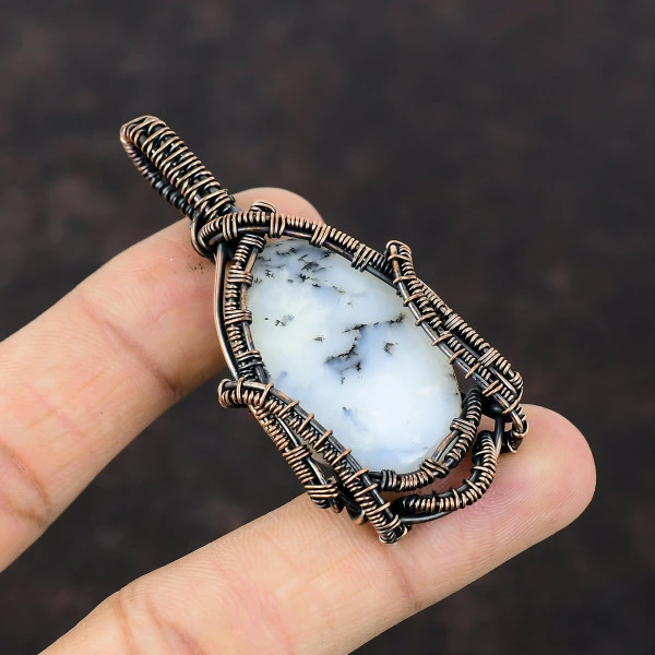 Dendrite Opal Oval White Handmade Copper Wire Wrapped Pendant