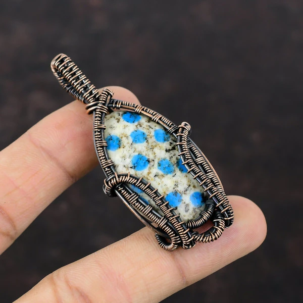 K2 Jasper Oval White Handmade Copper Wire Wrapped Pendant