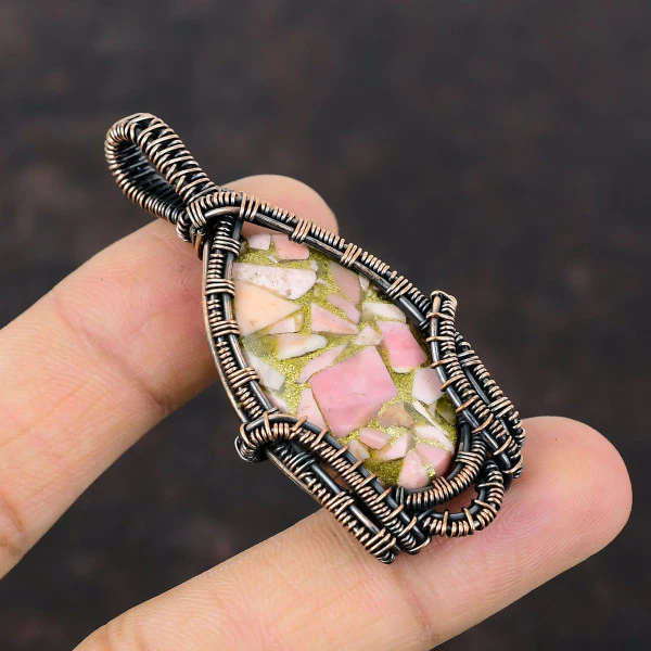 Copper Pink Opal Oval Pink Handmade Copper Wire Wrapped Pendant