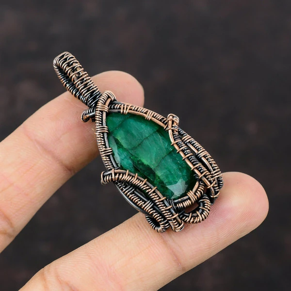 Zambian Emerald Oval Green Handmade Copper Wire Wrapped Pendant