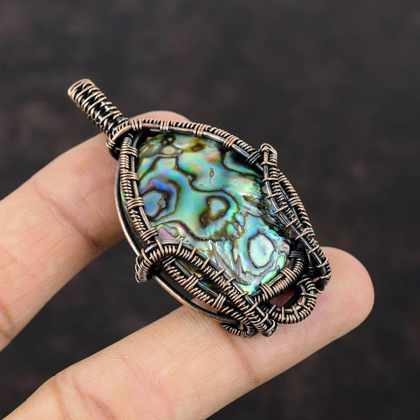 Abalone Shell Oval Green Handmade Copper Wire Wrapped Pendant
