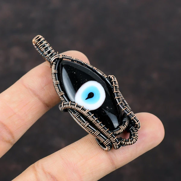 Black Color Evil Eye Marquise Black Handmade Copper Wire Wrapped Pendant
